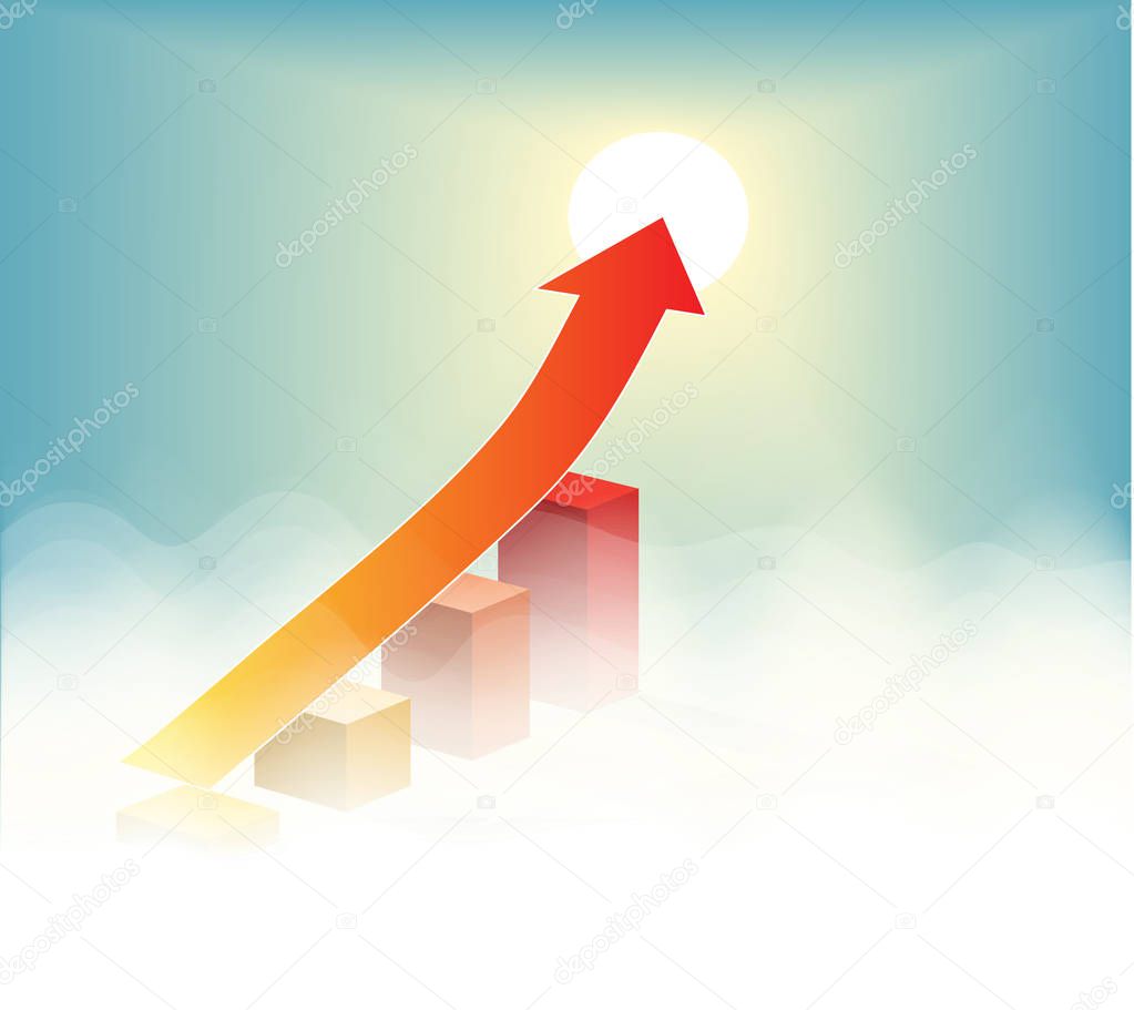 arrow pointing to success on graph chart with cloudy and sun blue sky background, finance creative clouds concept,abstract progress to growth business concept,vector art and illustration.