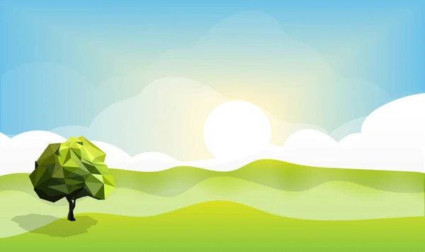 abstract spring season  landscape background ,green land with sunrise clouds background,vector art and illustration.