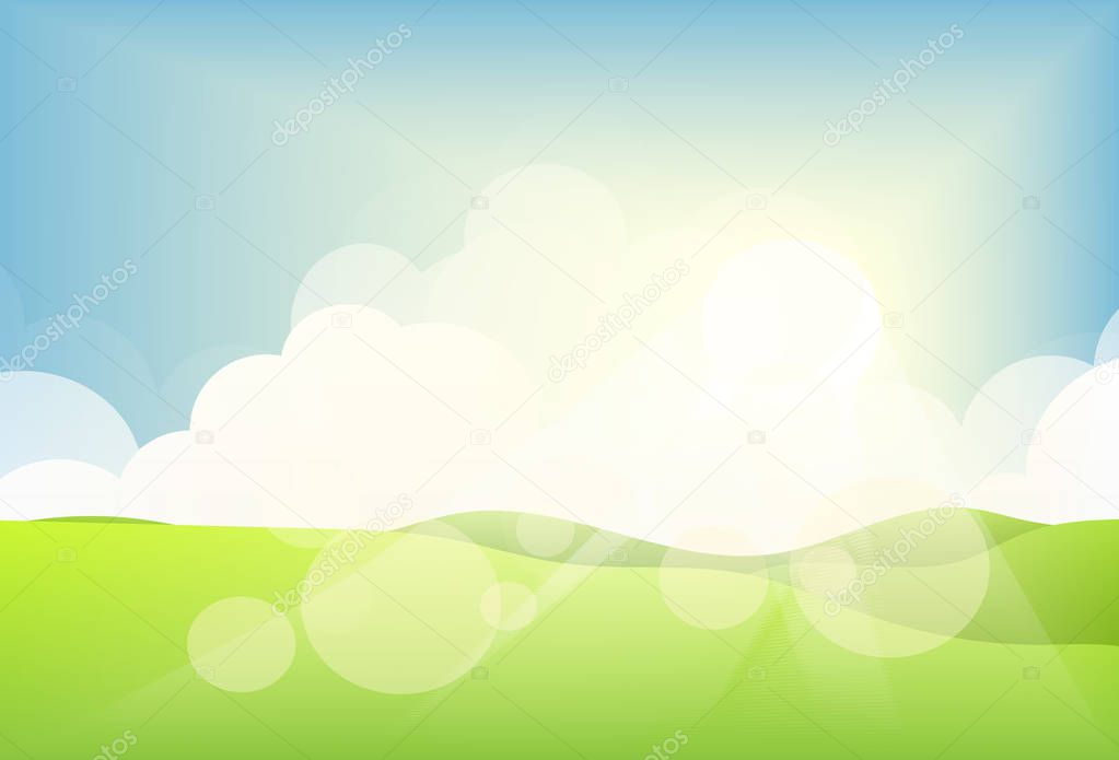 field green landscape spring season background,nature countryside scene,with sunrise with white clouds and blue sky backdrop,spring summer agriculture beauty wallpaper,vector art and illustration.  