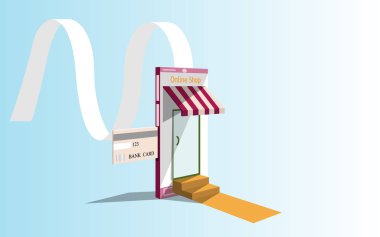Mobil online alışveriş , E-ticaret bilgi grafik uygulama kavramı, internet pazarlama fütüristik ve stok bulutlar sosyal ve online, ödeme bankası, alışveriş online web bilgileri, vektör illüstrasyon.