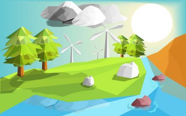 Soyut manzara düşük poli arka plan, doğa ağacı tepe ve dağ nehri, taş ve bulutlar geometrik ve üçgen şekil tasarımı, gündoğumu zemin ile yeşil çim, vektör sanat ve illüstrasyon