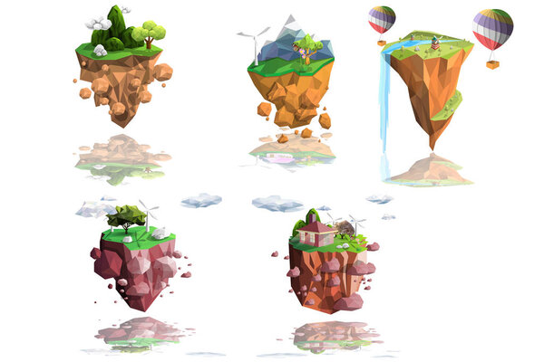 five island low poly set,saving energy landscape concept,environment ecology nature polygon,geometric and triangle shape design,vector art and illustration.mountain ,tree,balloon ,clouds icon.