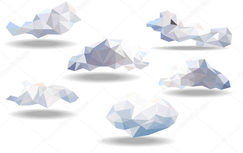 White clouds set low poly vector,isolated with white background,nature objected concept,diamond,geometric and triangle shape design,crystal style collection,vector art and illustration.