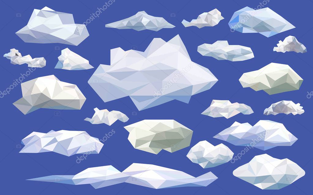 Set white clouds low poly isolated icons with blue background, triangle and geometric shape design,modelling clouds for gaming object,vector art and illustration,creative spring summer weather style.