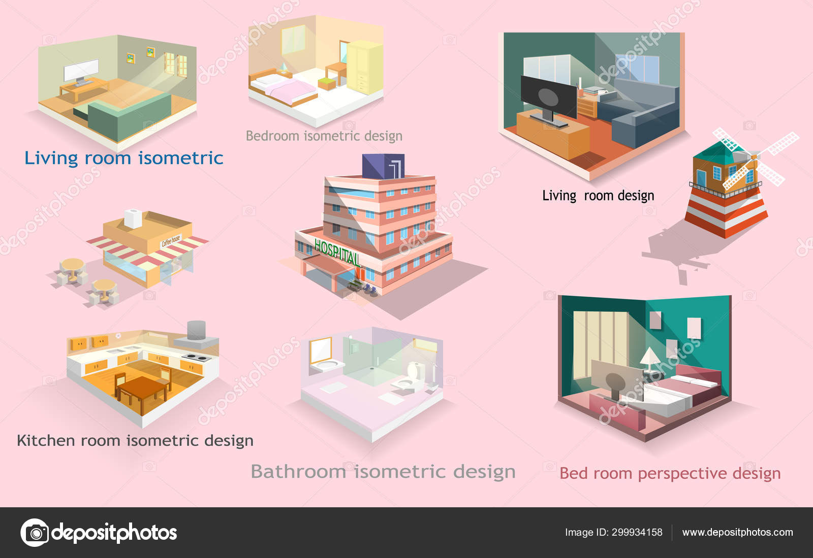 设置室内住宅等轴测透视设计和建筑空气涡轮房和咖啡店等轴测形状图标矢量艺术和插图图库矢量图©yodrakthaketsree@gmail.com  299934158, image size:1600x1100