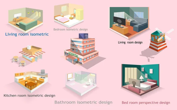 Definir Casa Interior Projeto Perspectiva Isométrica Construção Casa Turbina Café — Vetor de Stock