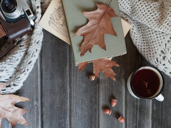Podzimní pozadí dřevěný stůl pletený šál, Starý fotoaparát, dubové listí — Stock fotografie