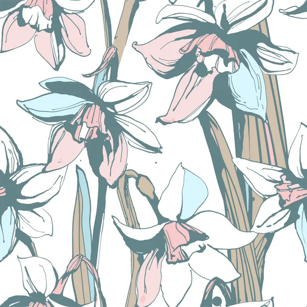 Blumen Blume Narzisse Narzisse nahtlos Hand gezeichnet Muster strukturiert Hintergrund — Stockvektor