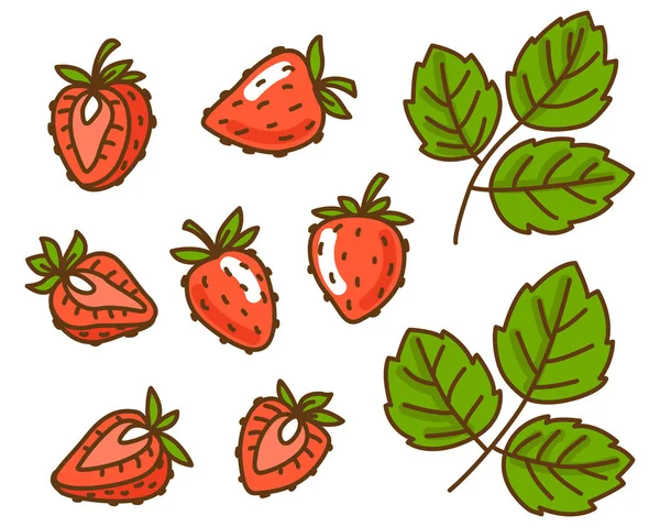 Μούρα φρούτων φράουλα με φύλλα. Επίπεδη στυλ, απεικόνιση διανυσματικών φορέων — Διανυσματικό Αρχείο