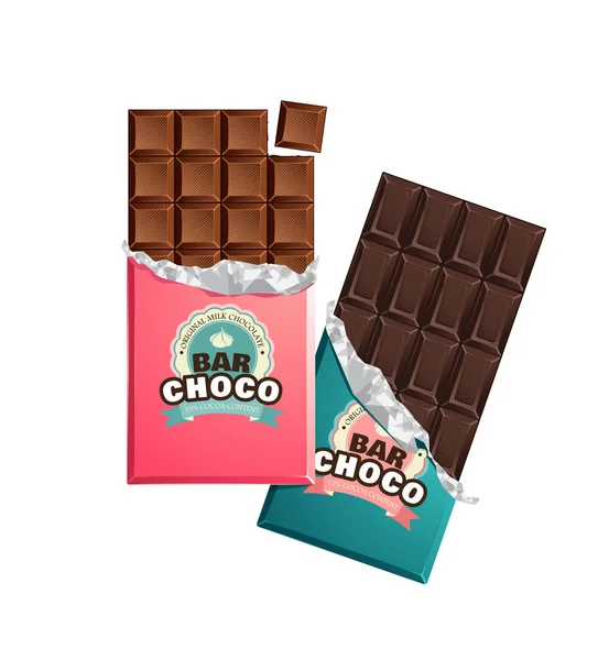复古酒吧包装中的黑巧克力和牛奶糖果巧克力棒. — 图库矢量图片