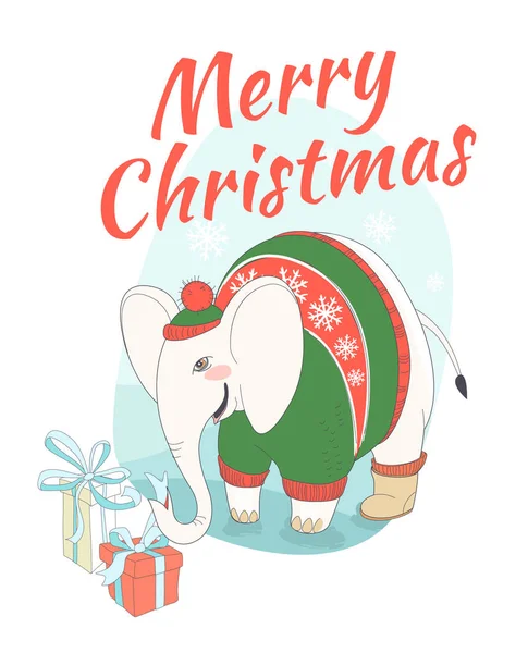 Funny Merry Christmas card with elephant wearing cute sweater an — Stock Vector