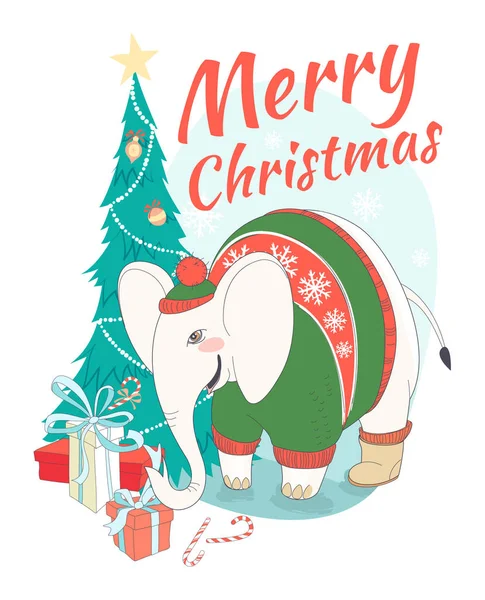 Funny Merry tarjeta de Navidad con elefante con suéter lindo y — Archivo Imágenes Vectoriales