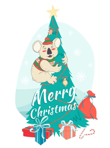 Funny Merry carte de Noël avec koala portant chandail mignon et h — Image vectorielle