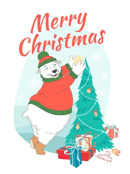 Merry Christmas greeting card cute polar bear wearing knitted sw — Stock Vector