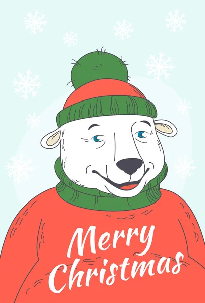 Cute Merry Christmas greeting card  with polar bear wearing swea — Stock Vector