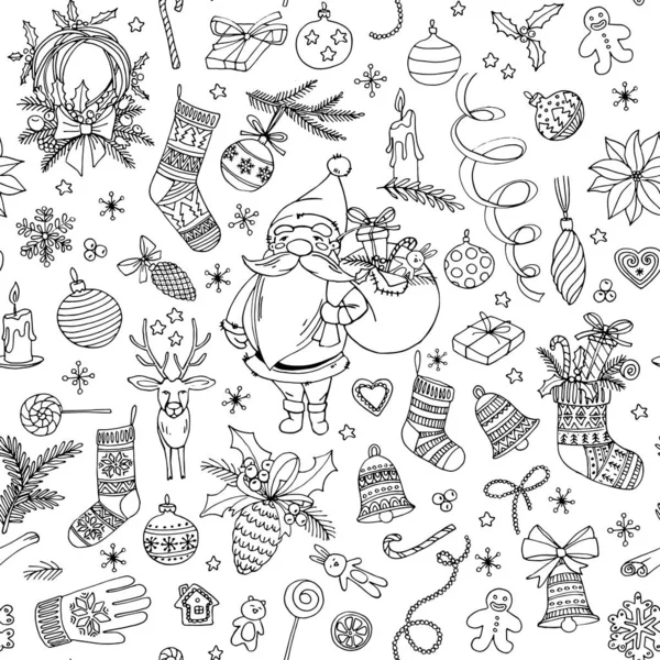 メリークリスマスハンド描かれた落書きシームレスなパターンの背景. — ストックベクタ