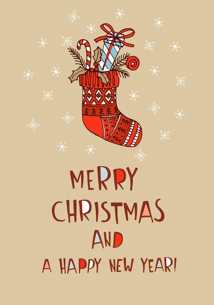 Merry Christmas hand getrokken doodle patroon wenskaart kous sokken — Stockvector