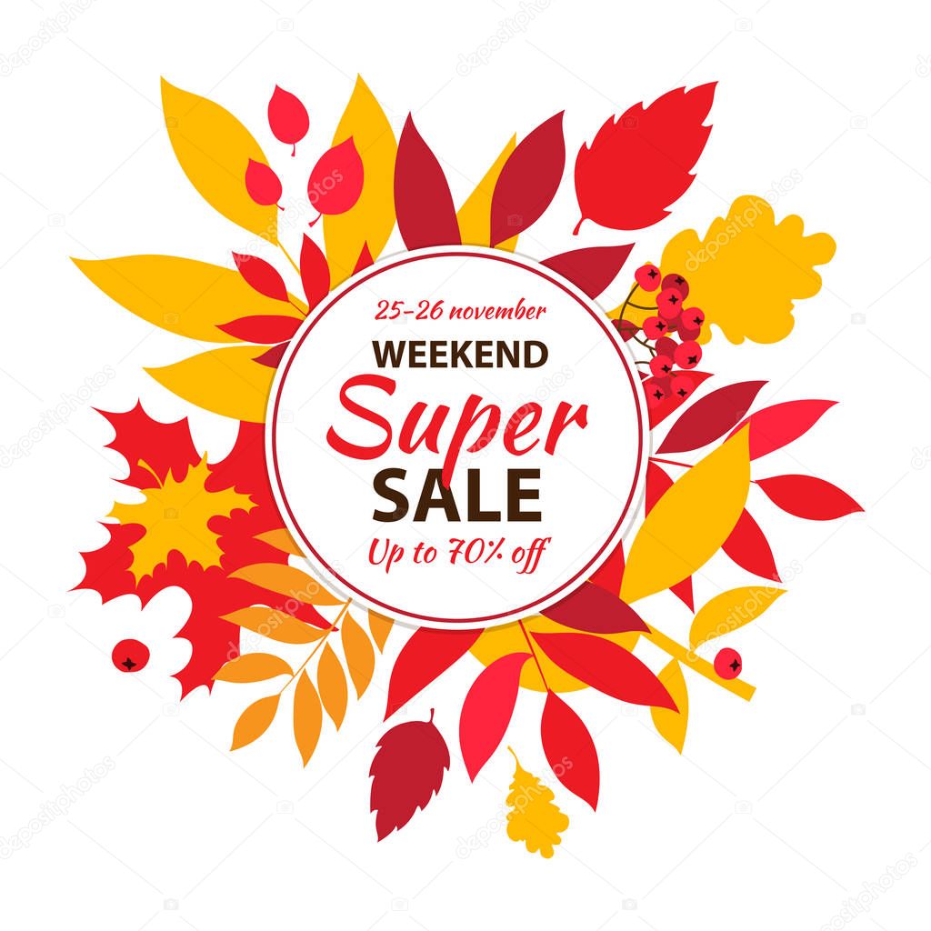 Super autumn sale inscription design template. Up to 50 off. Autumn fall leaves and berries. Big autumn sale banner, poster, flyer. Vector illustration. Flat design style.