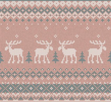 Handmade knitted background pattern reindeers, fir christmas tre clipart