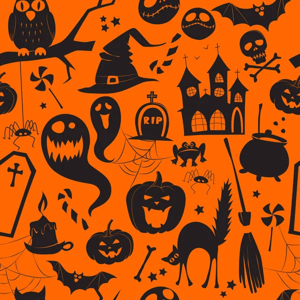 Orange och svart sömlös bakgrund Silhouette Halloween Party mönster — Stock vektor