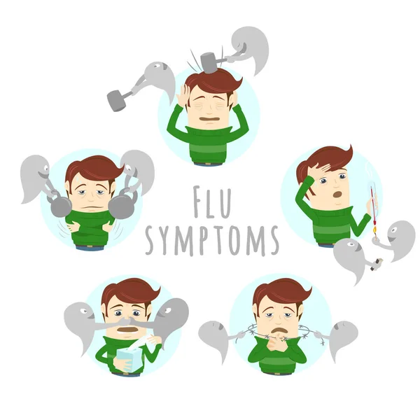 인플루엔자의 독감 일반적인 감기 증상. 남자는 감기, 발열을 앓고. — 스톡 벡터