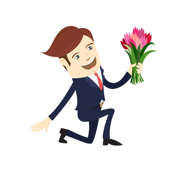 Personagem masculino engraçado vestindo terno dá flores. Ilustração vetorial — Vetor de Stock