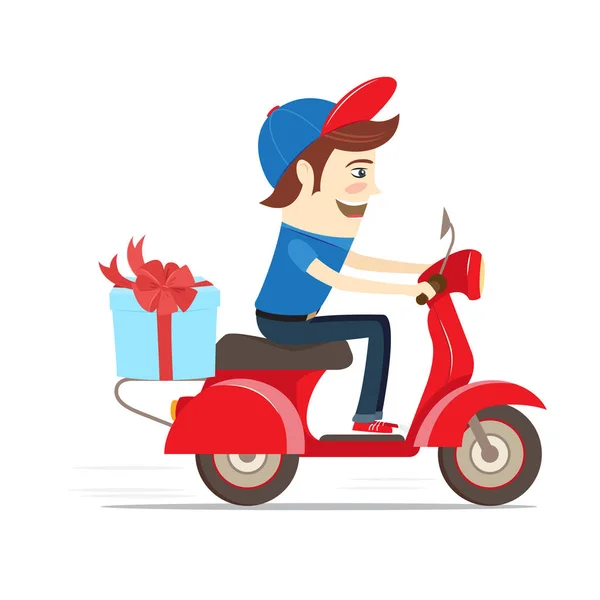 Delivery boy delivering gift box by scooter. Flat Vector illustration. — Stock Vector