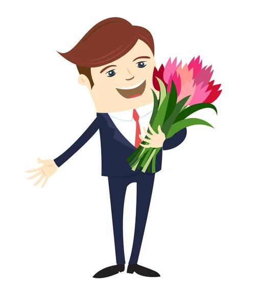 Personagem masculino engraçado vestindo terno dá flores. Ilustração vetorial — Vetor de Stock