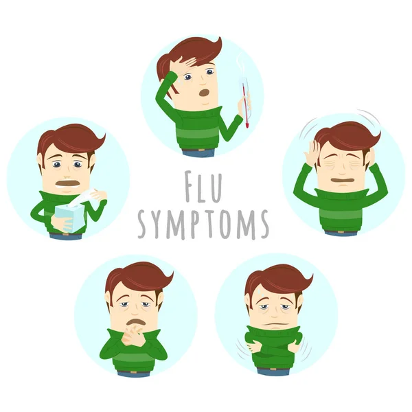 Γρίπη κοινά συμπτώματα κρυολογήματα της γρίπης. Ο άνθρωπος πάσχει από κρύο, πυρετό. — Διανυσματικό Αρχείο