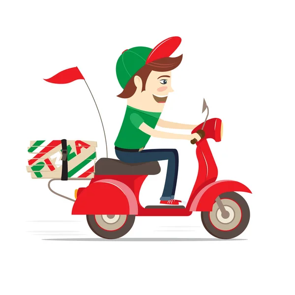 Забавна піца хлопчик доставляє піцерію коробки скутер. Плоска Векторна ілюстрація . — стоковий вектор