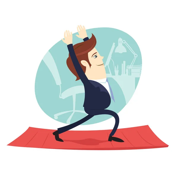 Hombre de negocios divertido usando traje haciendo yoga meditando pose warri — Vector de stock