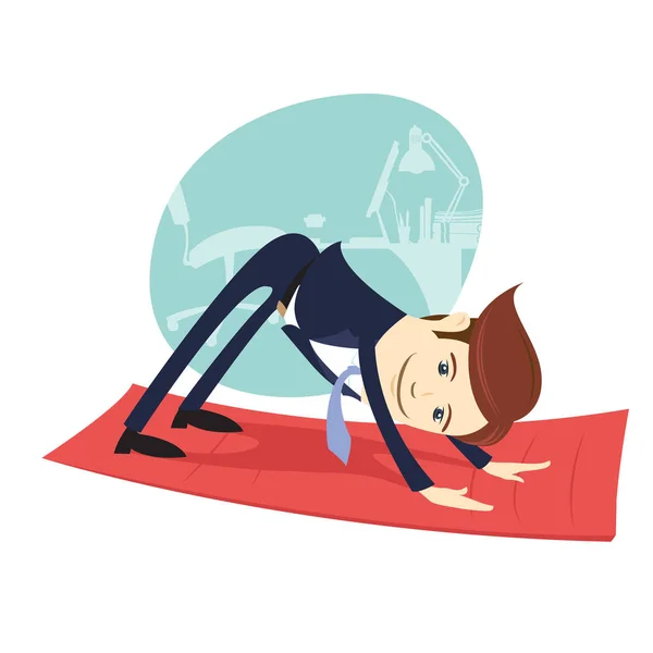 Funny business man wearing suit doing yoga meditating downward — Stock Vector