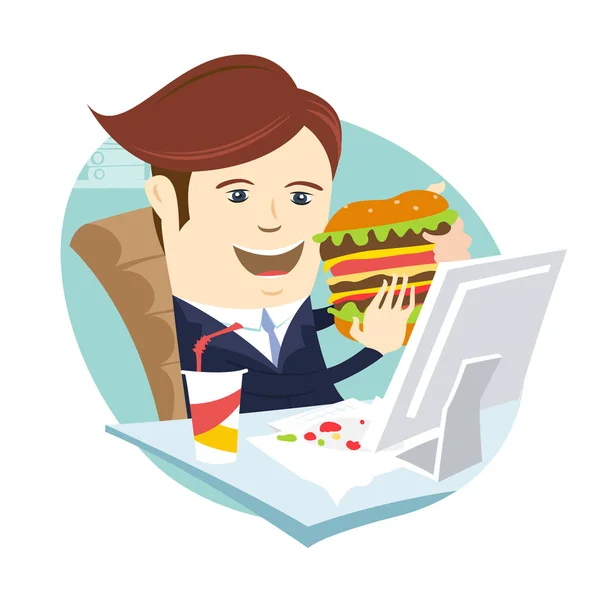 Забавный бизнесмен ест сэндвич-бургер на рабочем месте в офисе — стоковый вектор