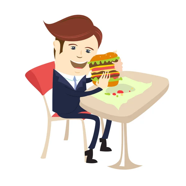 Забавный бизнесмен ест сэндвич-бургер за столиком в кафе. Плоская st — стоковый вектор