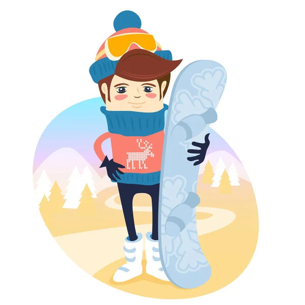 Funny skier standing in front of slopes with his snowboard weari — Stock Vector