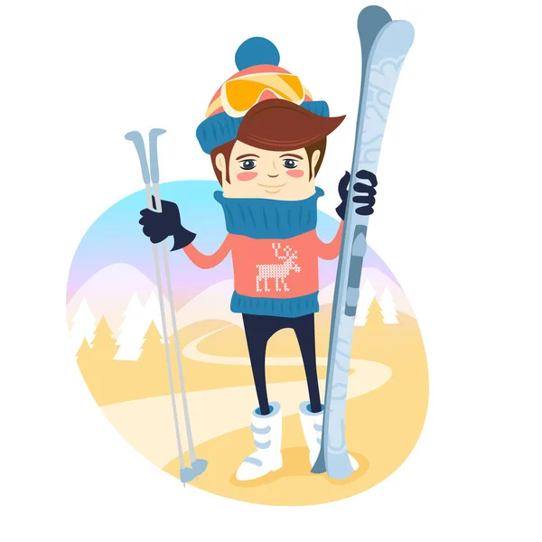 Funny skier standing in front of slopes with his ski and poles w — Stock Vector