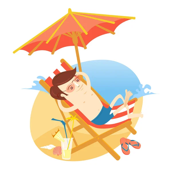Αστείος άνθρωπος ηλιοθεραπεία στην παραλία με κοκτέιλ. Καλοκαιρινές διακοπές — Διανυσματικό Αρχείο