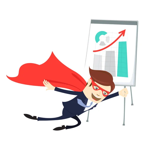 Business man superman flying in front of flipchart with arrow up — Stock Vector