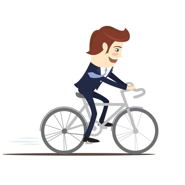 Feliz hombre de negocios vistiendo traje montando bicicleta. Estilo plano — Vector de stock