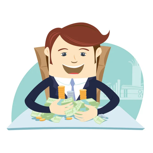Hombre de negocios feliz sentado a la mesa y abrazando dinero en efectivo . — Archivo Imágenes Vectoriales