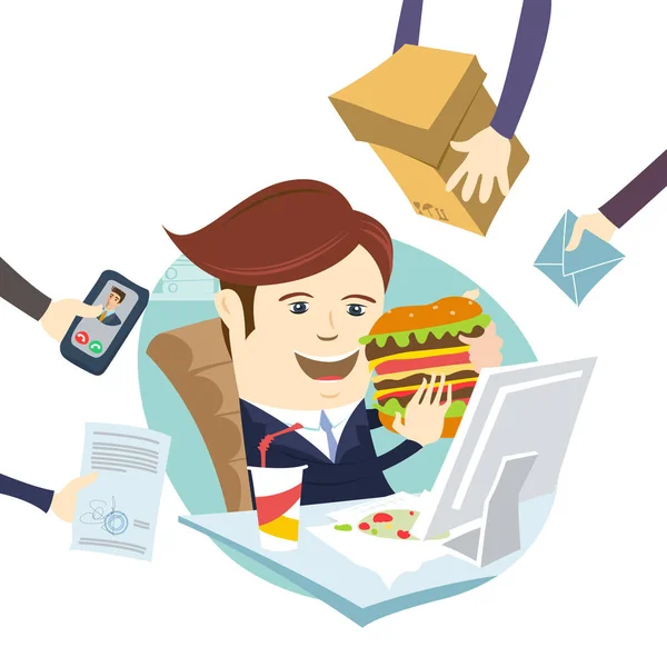 Homem de negócios multitarefa engraçado comendo sanduíche em seu local de trabalho — Vetor de Stock