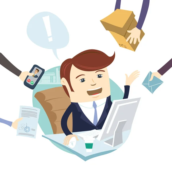 Emsige müde wütende Geschäftsmann Multitasking am Schreibtisch in Büroarbeit — Stockvektor
