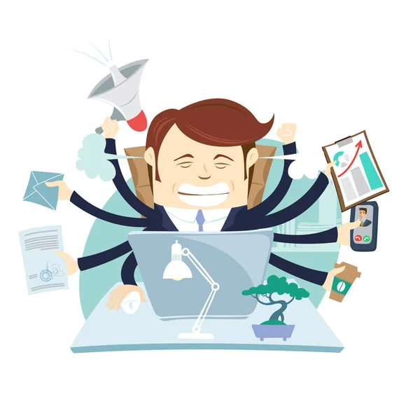 Ocupado cansado irritado empresário Multitasking na mesa no trabalho do escritório —  Vetores de Stock