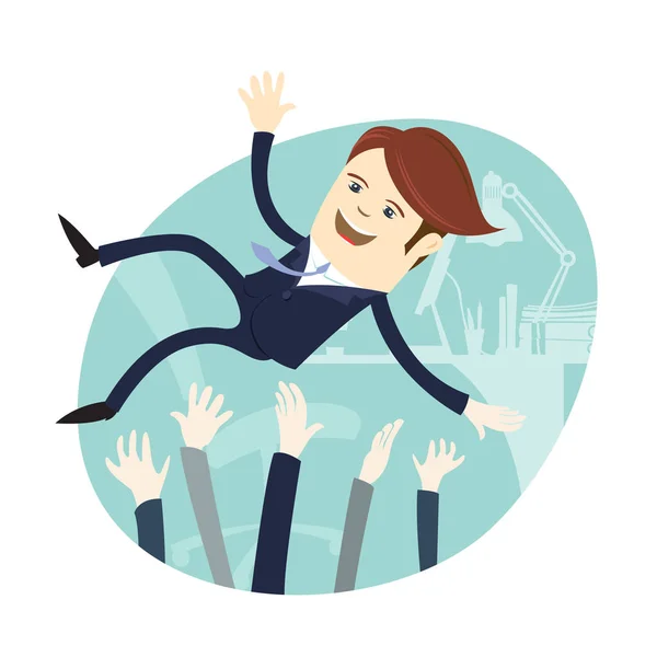 Happy business man wearing suit threw in the air by his team Col — Stock Vector