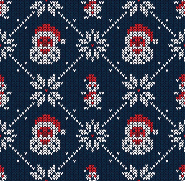 Inverno Natal tricotado sem costura abstrato fundo Papai Noel, flocos de neve, boneco de neve — Vetor de Stock