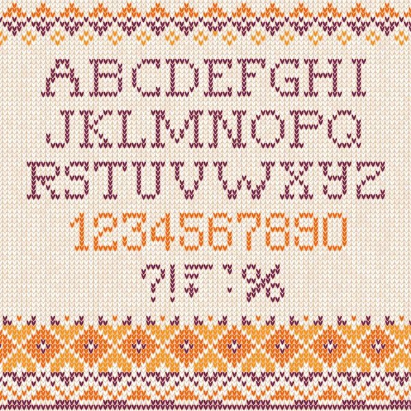 手作りのニット抽象的な背景パターンフォントアルファベットabc文字、数字, — ストックベクタ
