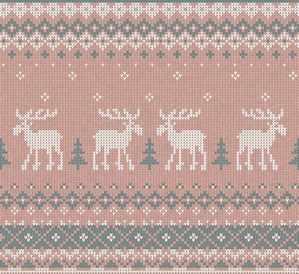 Handgjorda stickade bakgrund mönster renar, Gran jul tre — Stock vektor