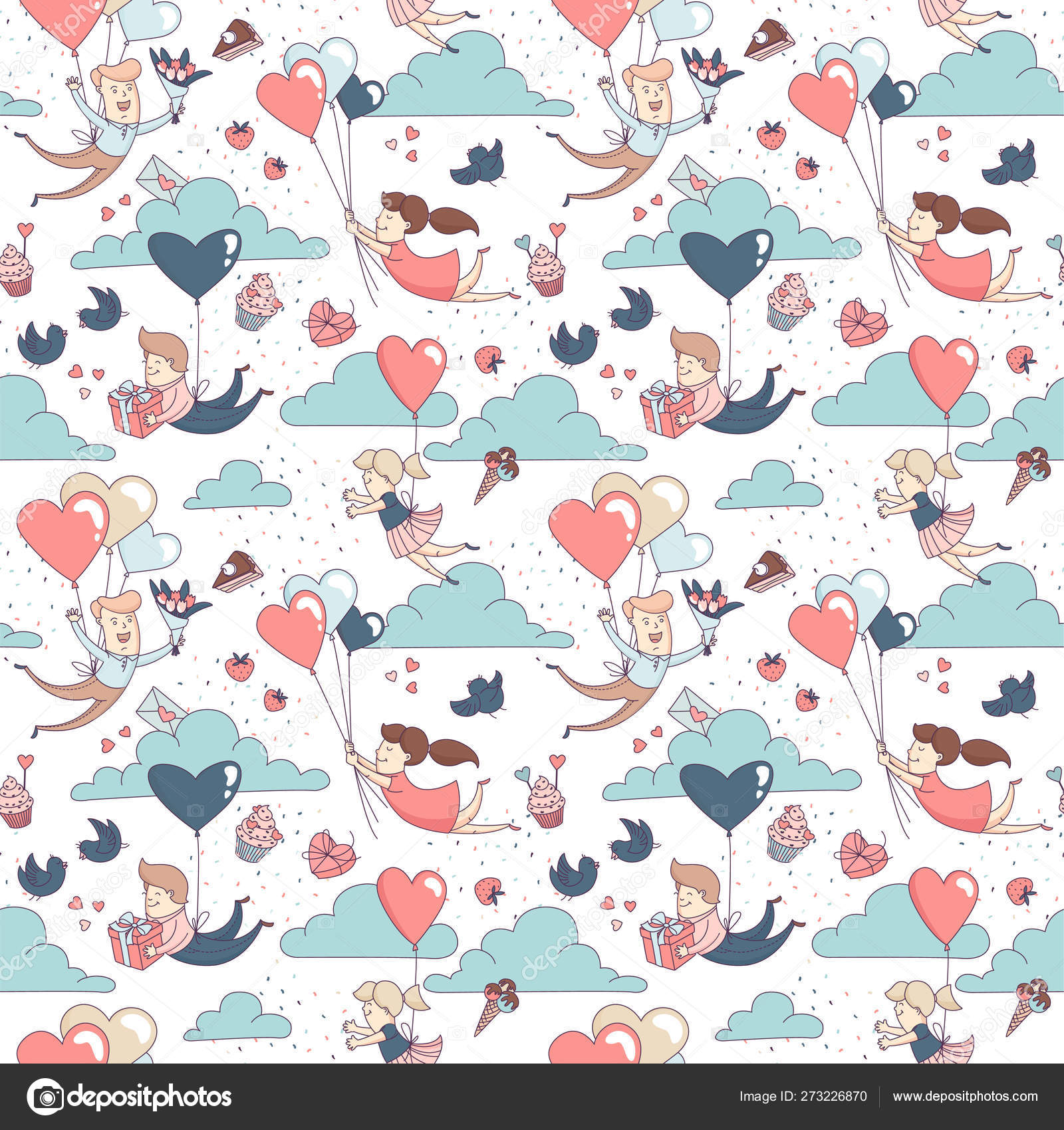Vector Flat Love Seamless Pattern With Hearts And Flowers. Cute