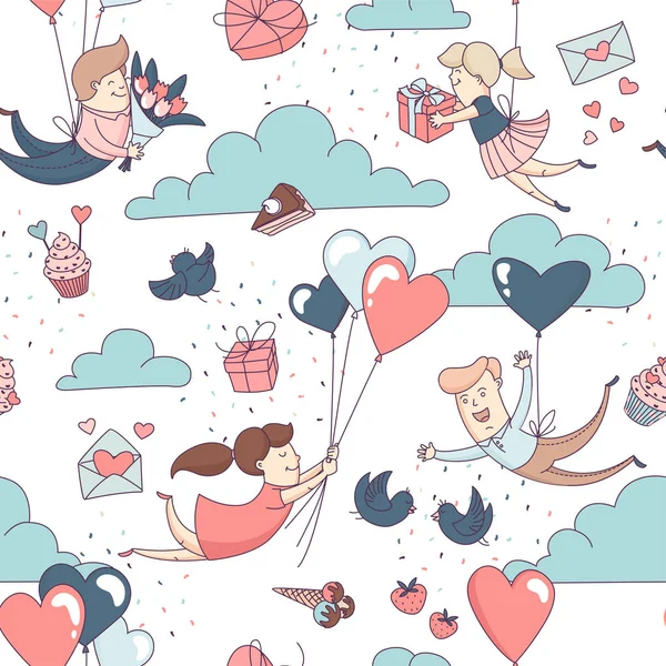 Happy Valentine's Day seamless pattern boy girl flying heart balloons — Stock Vector