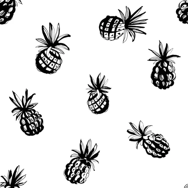 Tropical beach party seamless pineapple pattern background. Black white print — Stock Vector